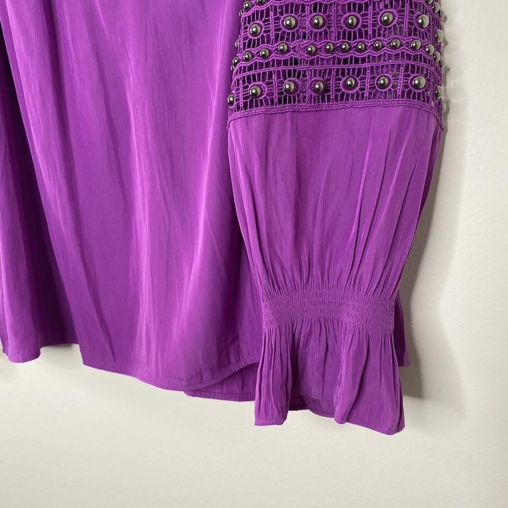 Chico's‎ Blouse 4 XXL Purple Tunic Top Mesh Studded Sleeve Ruffle Cuff V Neck - Picture 5 of 16